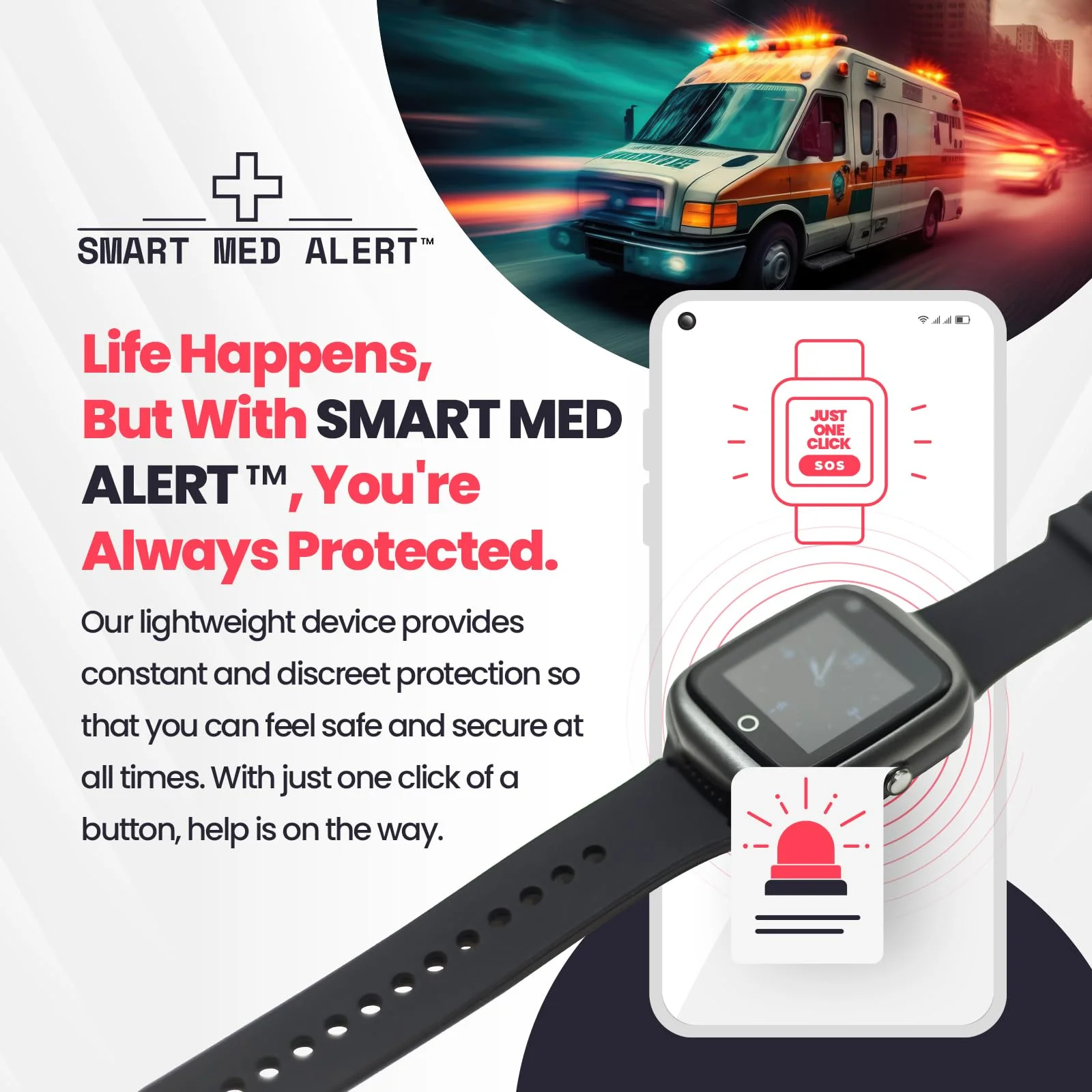 Smart Med Alert - Elderly Medical Alert Smartwatch | 24/7 Monitoring | Fall Detection | Black
