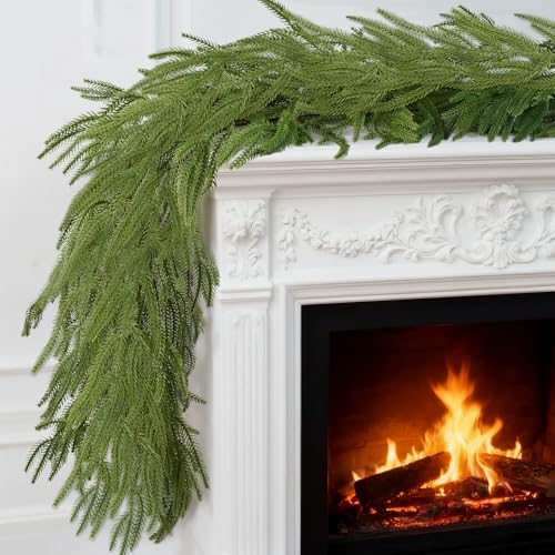 2-Pack 6FT Artificial Norfolk Pine Christmas Garland - Real Touch PE Faux Greenery, Waterproof Indoor Outdoor Decor for Mantel, Staircase, Fireplace, Front Door, Holiday Xmas Decoration