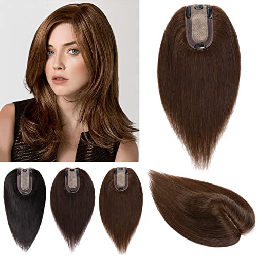 S-noilite Hair Toppers for Women with Thinning Hair 100% Real Human Hair Toppers No Bangs 7 * 13cm Silk Base Wiglet Hairpieces Clip in Hair Toppers for Women 6 inch 27g #4 Medium Brown