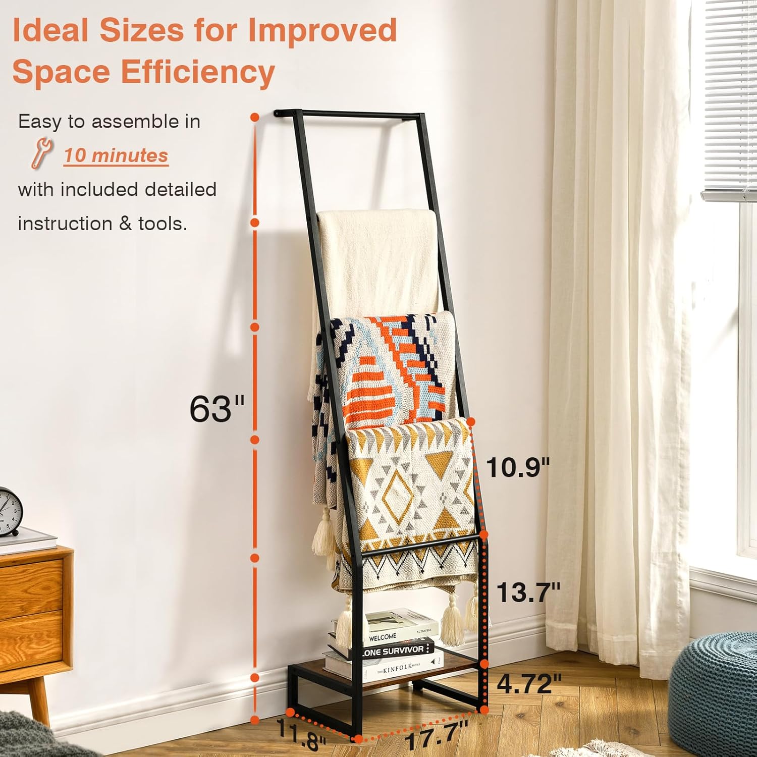 Blanket Ladder, 5 Tier Ladder Shelf,Wooden Blanket Ladders for Living Room and Bedroom, 5.2ft Blanket Holder Rack Farmhouse Ladder Rack for Storage and Home Decor, Rustic Brown and Black