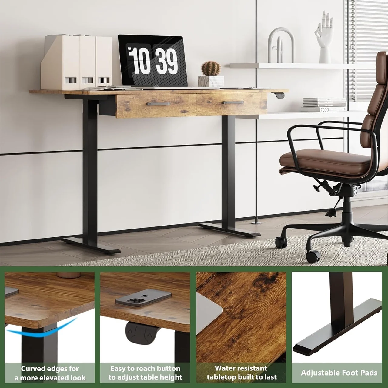 45" Office Electric Standing Desk with 2 Drawers Adjustable Height Desk