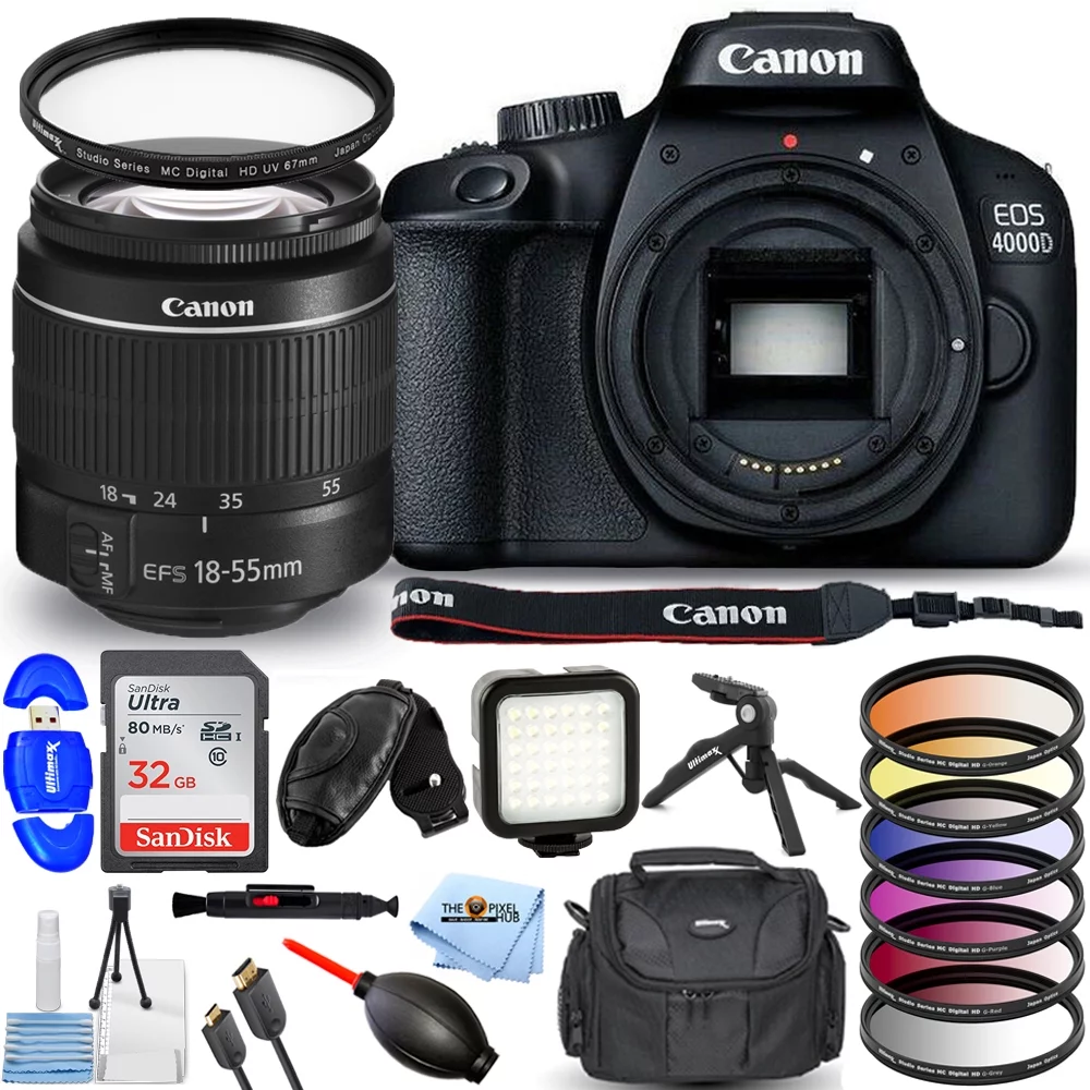 Canon EOS 4000D / Rebel T100 with EF-S 18-55mm III Lens - Pro Bundle Includes: Sandisk Ultra 32GB SD, LED Light Kit, 6PC Filter Kit, Tripod, Gadget Bag and More