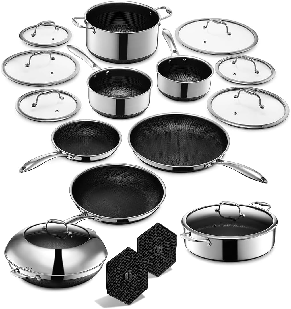 HexClad 16 Piece Hybrid Stainless Steel Cookware Set - 6 Piece Pan Set, 6 Piece Pot Set, 7 Quart Deep Fryer and 14 Inch Wok, Stay Cool Handles, Induction Ready, Non-Stick