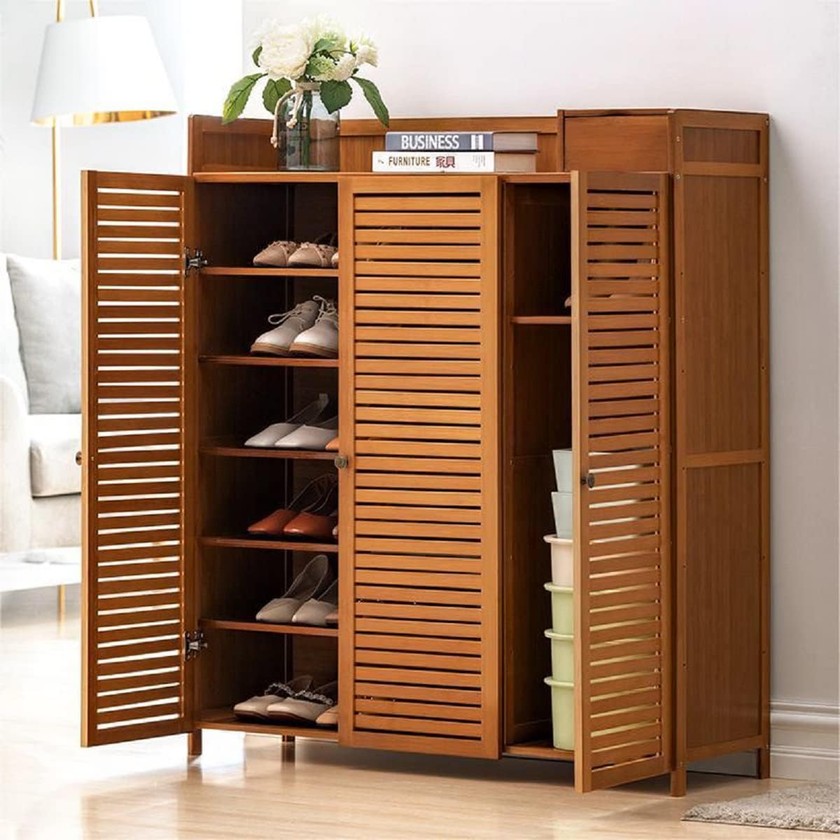 Gdrasuya10 Bamboo Entryway Shoe Storage Cabinets, 7 Tier Freestanding Shoe Cabinet Rack Organizers with Doors Space Saving for Shoes Slippers Boots Sneakers Large Capacity