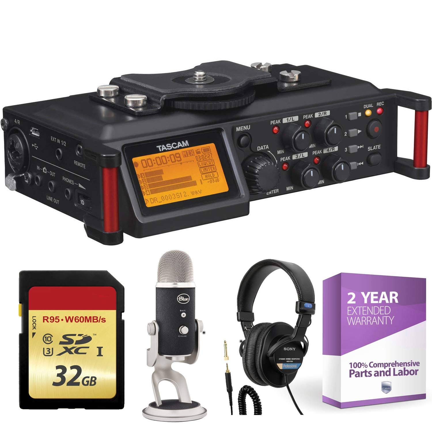 Tascam DR-70D 4-Channel Audio Recording Device for DSLR and Video Cameras + 32GB Memory Card + Studio Headphones + XLR Microphon