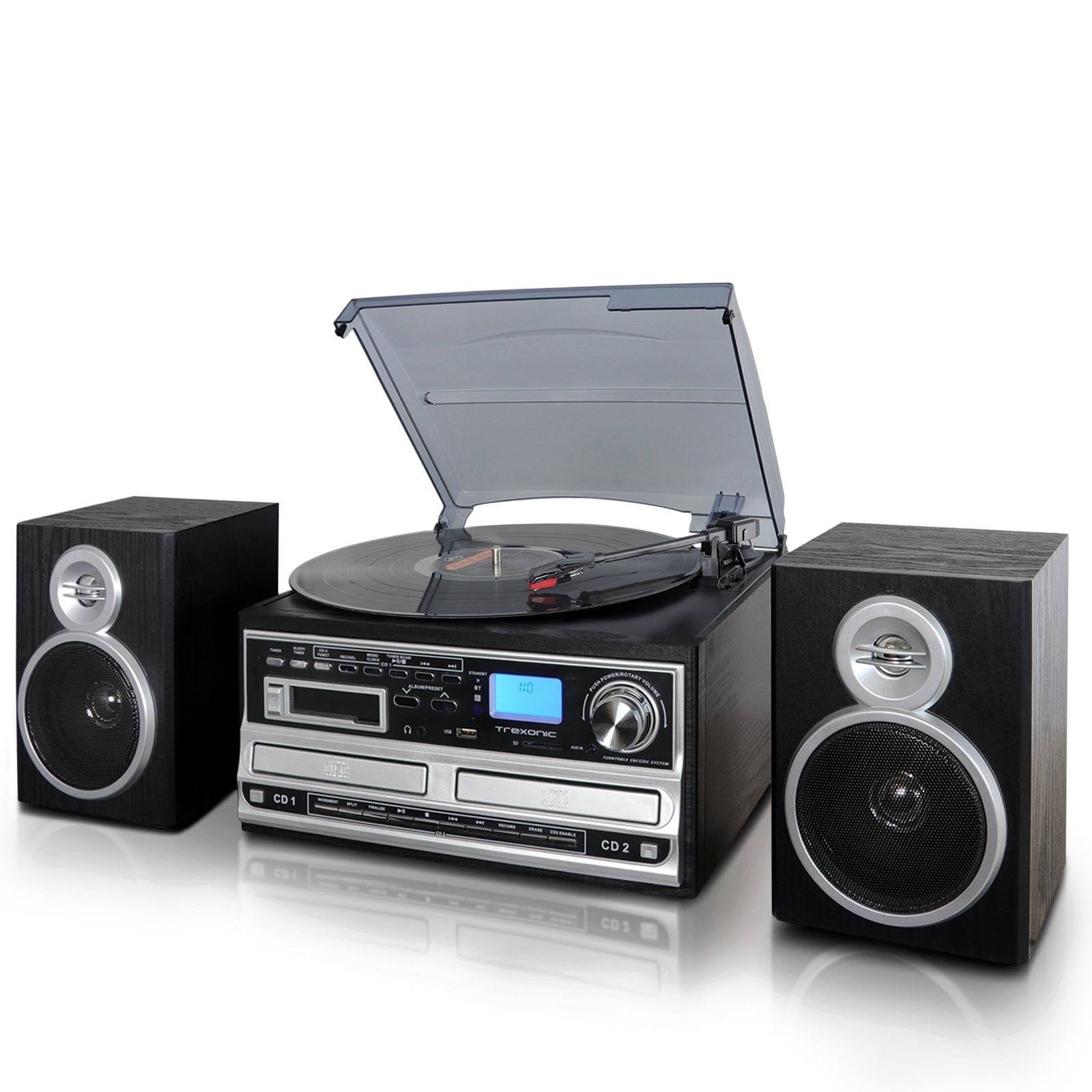Trexonic 3-Speed Turntable with CD Player, CD Recorder, Cassette Player, Wired Shelf Speakers, FM Radio u0026 CD-USB-SD Recordin