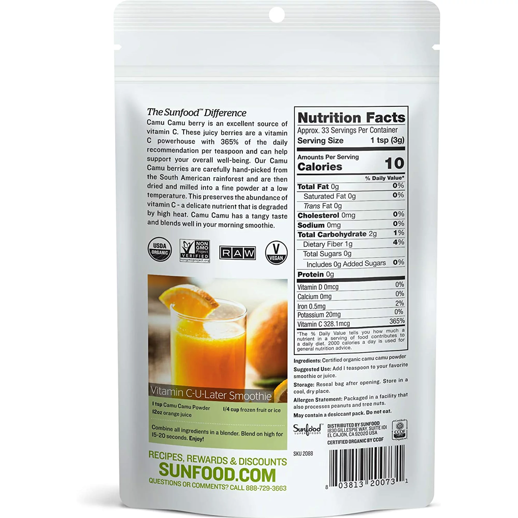 Sunfood Superfoods Raw Organic Camu Camu Powder Superfood with Vitamin C, 3.5 oz