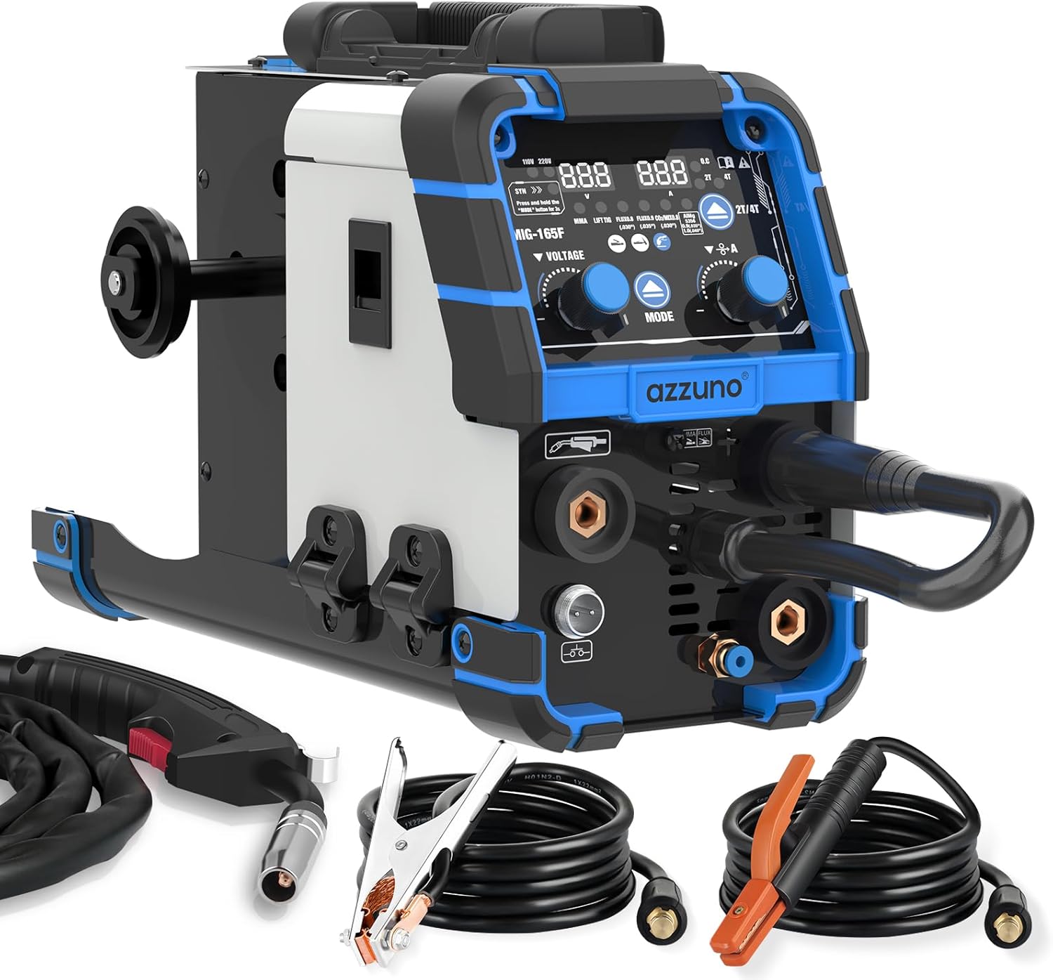 AZZUNO Aluminum MIG Welder 165Amp, Dual Vlotage 110V/220V 5-in-1 Welder Machine Gasless MIG/Gas MAG/Aluminum MIG/Stick/Lift TIG Welding with Semi-enclosed Structure