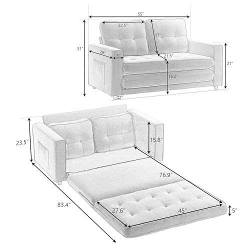 3-in-1 Upholstered Futon Sofa Convertible Floor Sofa Bed with Pull Out Sleeper Couch Bed - Foldable Tufted Loveseat Daybed for Living Room - Sofa Bed Couches for Living Room Furniture (Dark Gray)