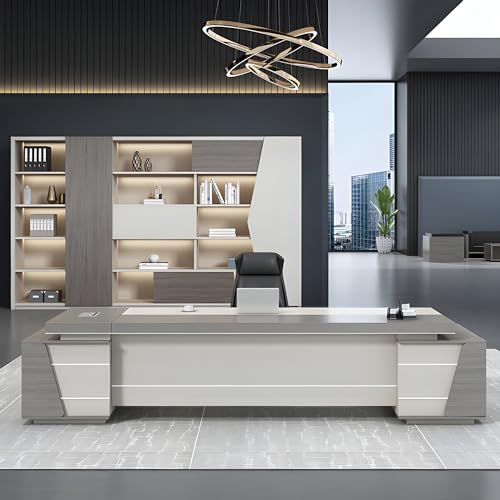 Modern Gray L-Shaped Executive Desk with Cord Management, Modern Workstation Computer Desk with Side Cabinet, Large L-Shape Home Office Desk 71