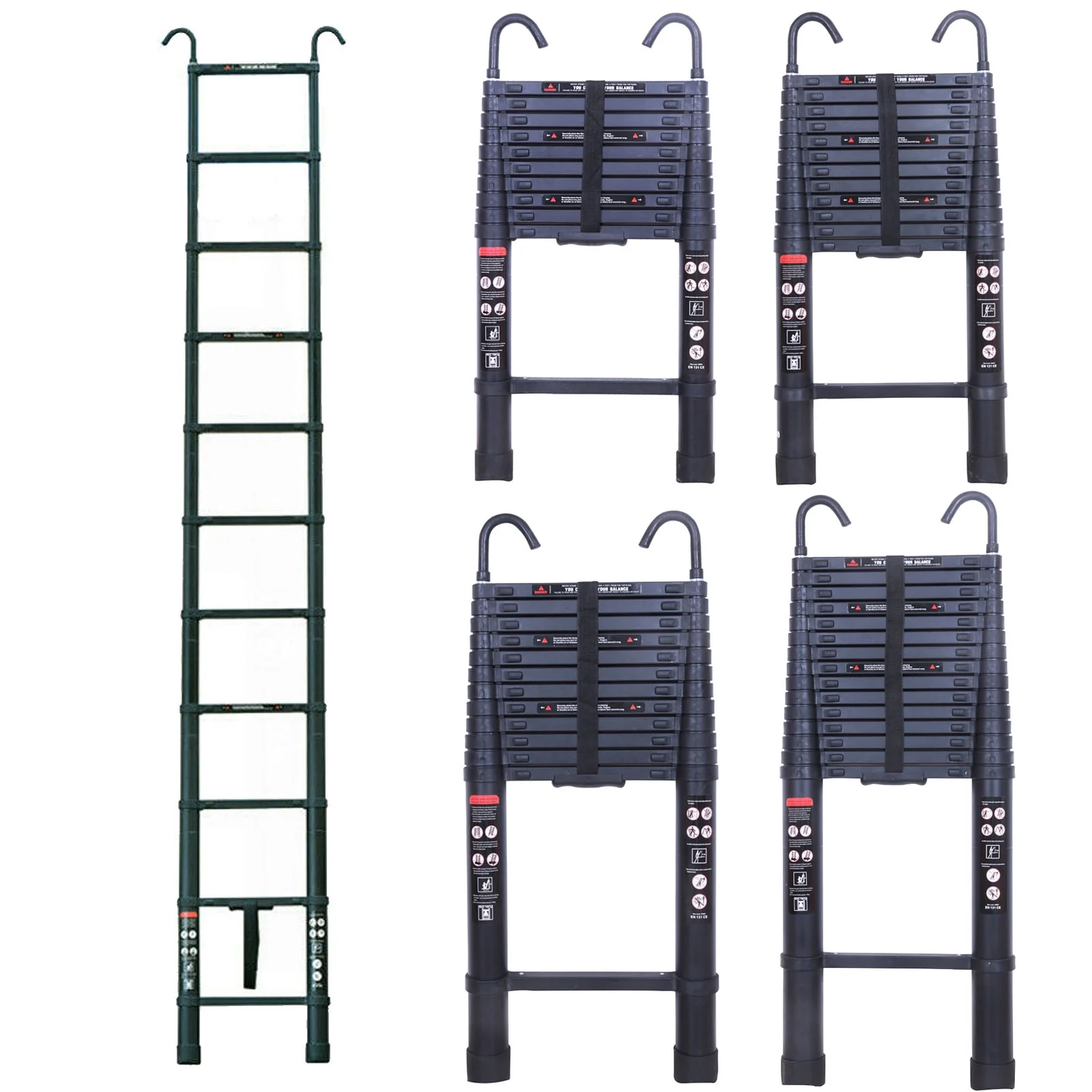 10.5ft Aluminum Extension Ladder Adjustable Height with Detachable Hooks Folding Telescoping Ladder 330LB Max Load Capacity EN131 with Anti-Slip Rubber Feet, Portable Home Office RV Ladder