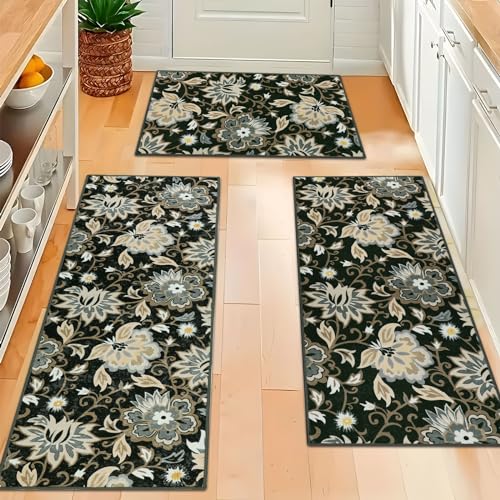 Homcomoda Kitchen Mats 3 Piece Set Boho Kitchen Rugs and Mats Non Slip Washable Floral Kitchen Floor Mats Set of 3 Kitdhen Runner Carpets for Sink,Laundry Room,Hallway