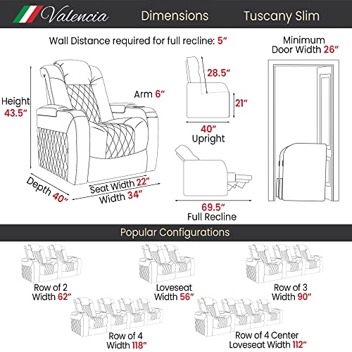 Valencia Tuscany Home Theater Seating | Premium Top Grain Italian Nappa 11000 Leather, Power Reclining, Power Lumbar Support, Power Headrest (Row of 4 Loveseat Center, Dark Chocolate)