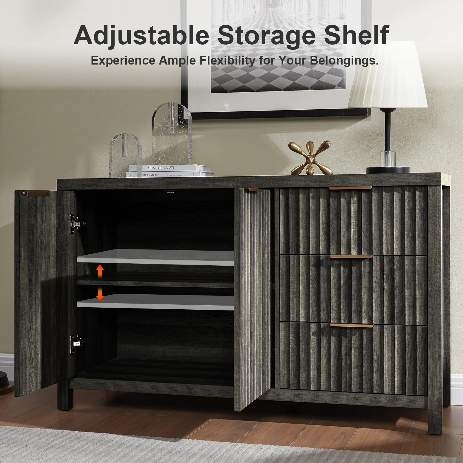 OAKHAM Buffet Sideboard Storage Cabinet with Drawer and Doors, Fluted Sideboard Modern Credenza with Adjustable Shelves, Accent Cabinet Console for Entryway, Living Room, Black Oak