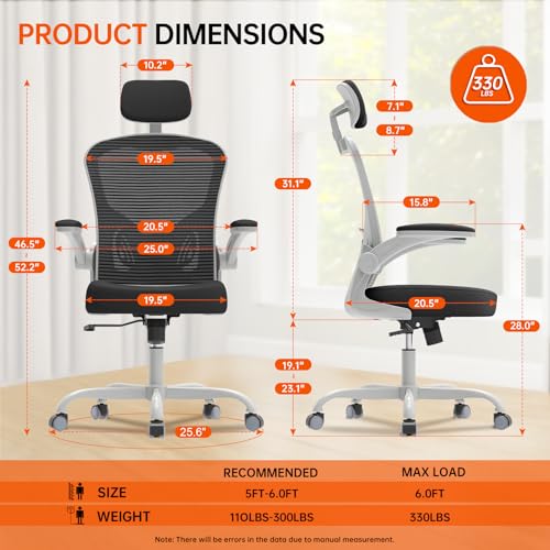Office Chair Ergonomic Desk Chair, 330LBS Capacity, High Back Computer Chair for Long Hours Comfortable, Rolling Swivel Executive Task Chair for Home Office with Flip-up Armrests, Black
