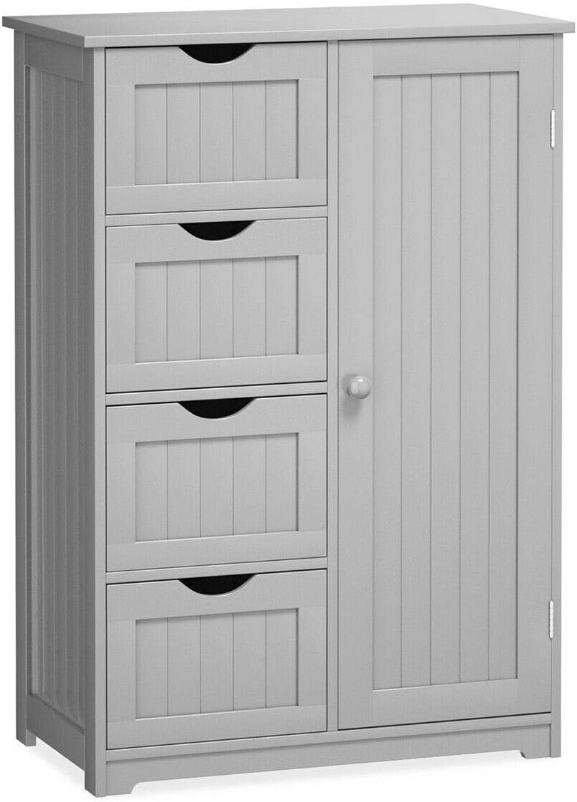Elegant Design Multifunction Freestanding Bathroom Floor Cupboard Cabinet Storage Organize with 4 Drawer Adjustable Sturdy Durable for Toilet, Living Room, Bedroom, Corridor, Office Grey
