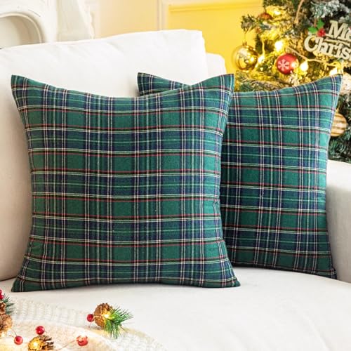 Pack of 2 Christmas Plaid Decorative Throw Pillow Covers Scottish Tartan Cushion Case for Farmhouse Home Holiday Decor Green, 20 x 20 Inches