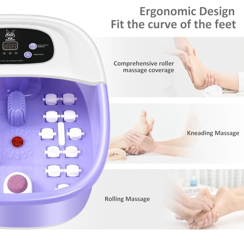 Foot Spa Bath Massager with Heat Bubbles and Vibration Massage and Jets, 16 OZ Calming Lavender Foot Soak Epsom Salt, Foot Soaker with Red Light, 22 Massage Rollers, Adjustable Temp - Blue