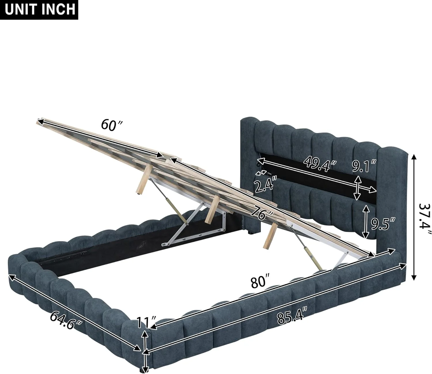 Upholstered Queen Size Bed With Lift Up Storage, USB Ports And LED Headboard, Linen Queen Platform Bed With Slats Support, No Box Spring Needed, Easy Assembly, Deep Blue