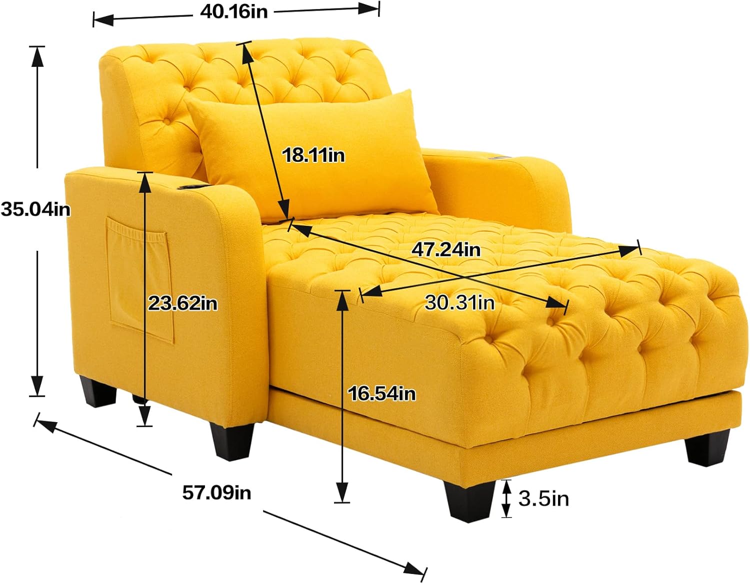 Casual Chaise Lounge Indoor, Button Tufted Upholstered Single Sofa Bed with Pillow, Adjustable Backrest Sleeper Couch Recliner Chair for Bedroom, Living Room, Apartment, Yellow