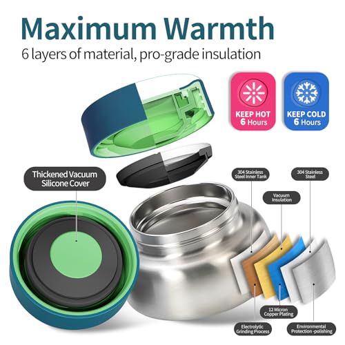 Bento Box for Kids with Thermos, [Large Capacity] Insulated Kids Lunch Box with 4 Compartment for Ages 3+, Drop-Proof & Dishwasher Safe Lunchbox Container Green