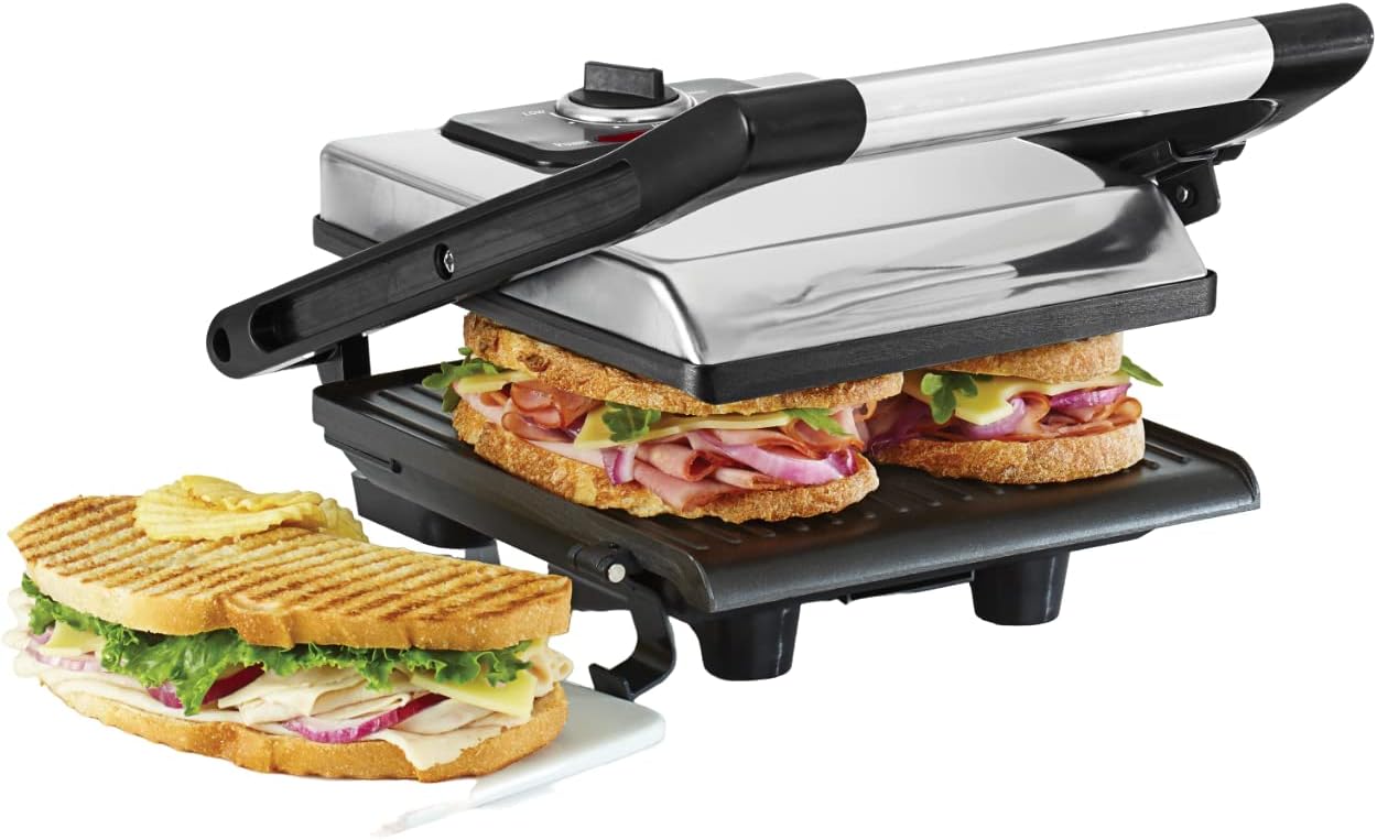 BELLA Panini Press, Sandwich Maker and Electric Indoor Grill with Double Nonstick Plates, Height Adjustable Lid and Removable Drip Tray, Stainless Steel