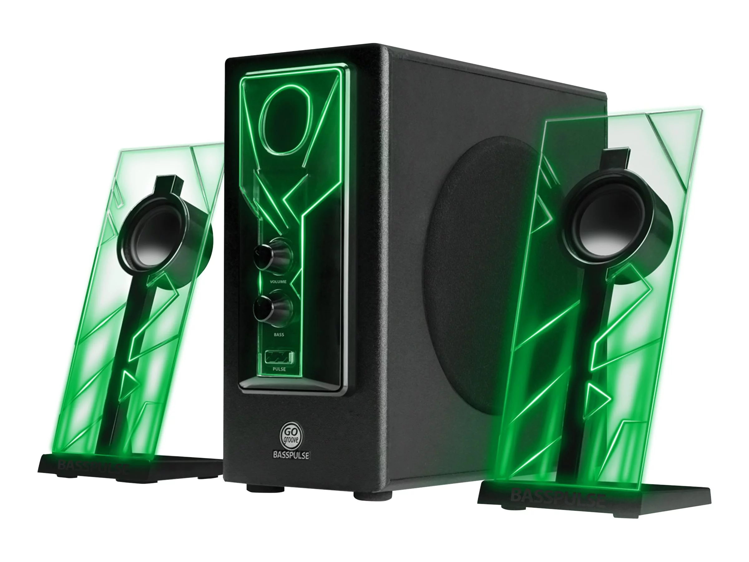 GOgroove BassPULSE Computer Speakers Stereo Sound System with Green LED Glow Lights & Dual Drivers -Works with PC & Apple Desktop , Laptop Computers
