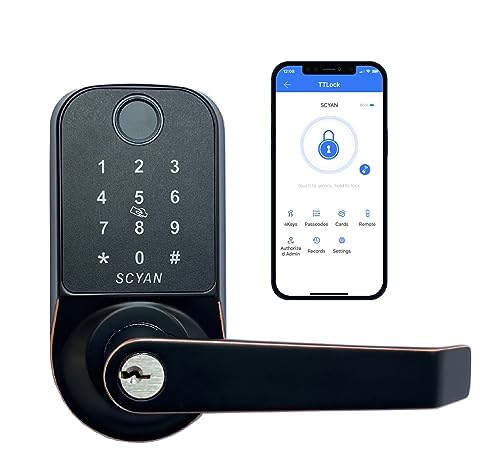 Smart Door Lock, Scyan X1, 5 in 1 Fingerprint Biometric Door Lock, Touchscreen Keypad Door Lock, Key Fob, Auto Locking, for Office, Home, Airbnb, Rental House (Brush Nickel)