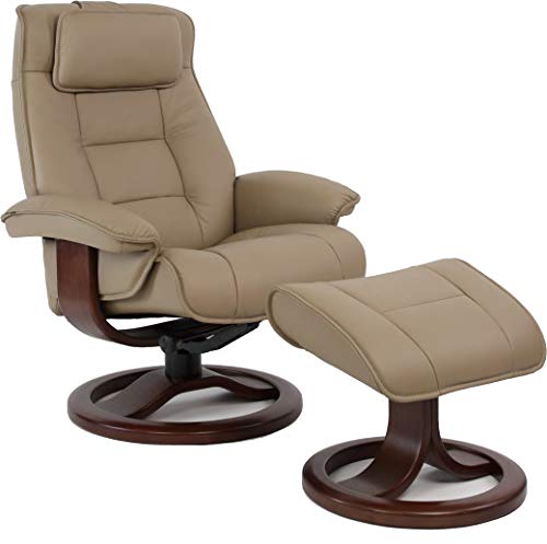Large Ergonomic Recliner Chair with Ottoman in Stone NL 130 Nordic Line Leather with a Teak Wood Stain Base
