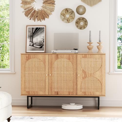 Storage Cabinet with 2 Arched Rattan Doors, Natural Style Rattan Sideboard Buffet Cabinet with Storage, Boho Entryway Table Console Credenza TV Stand for Living/Dining Room, Kitchen, Hallway