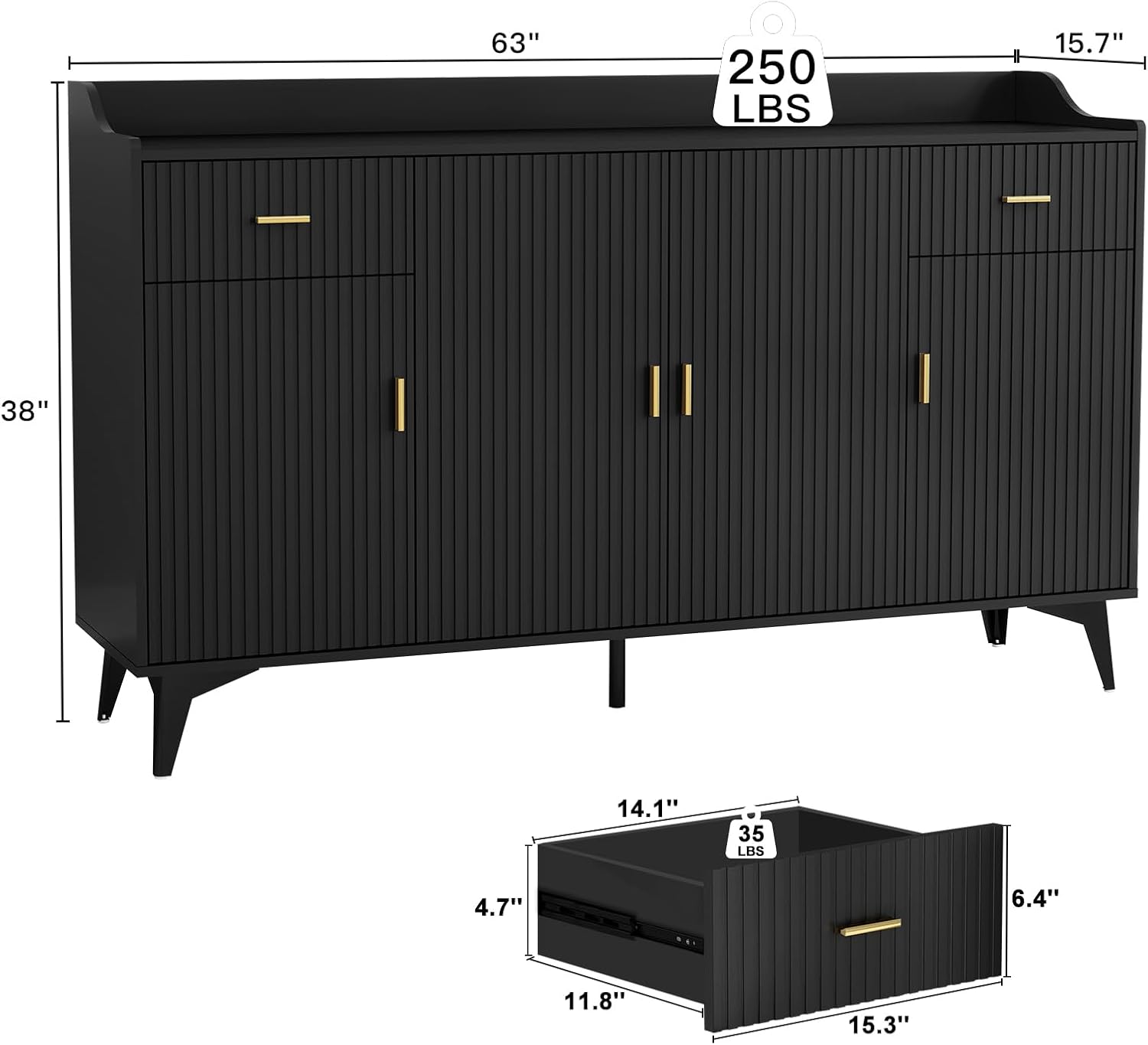 Wakefit Sideboard Buffet Cabinet with Storage, Fluted Doors & Drawer, Wood Farmhouse Credenza Coffee Bar Cabinet with Baffle Tabletop and Handles for Kitchen, Living Dining Room, Black