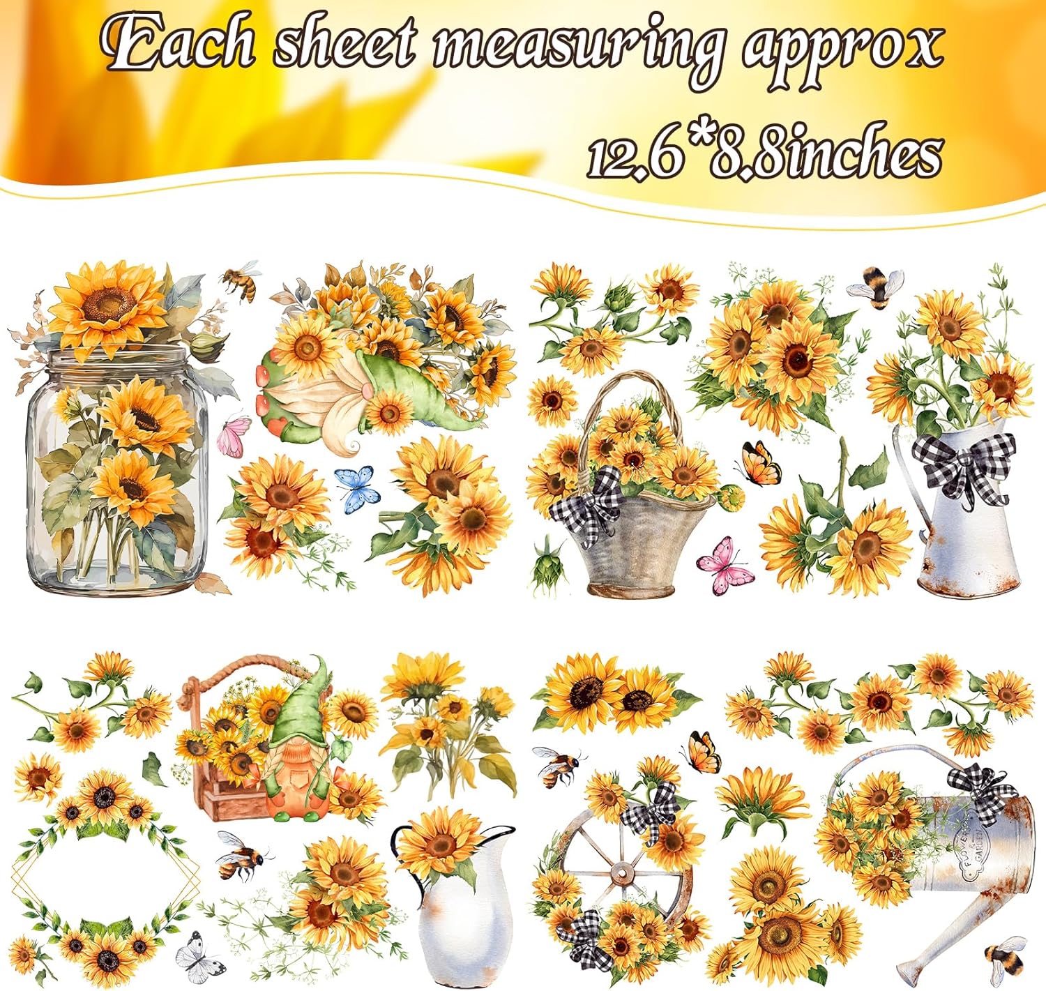 4 Sheets 11.8 x 7.8 inch Sunflower Rub on Transfer for Furniture and Craft Large Vintage Flowers Rub on Transfers Stickers Spring Summer Flowers Decoration Transfers for Furniture Home Wall Decor