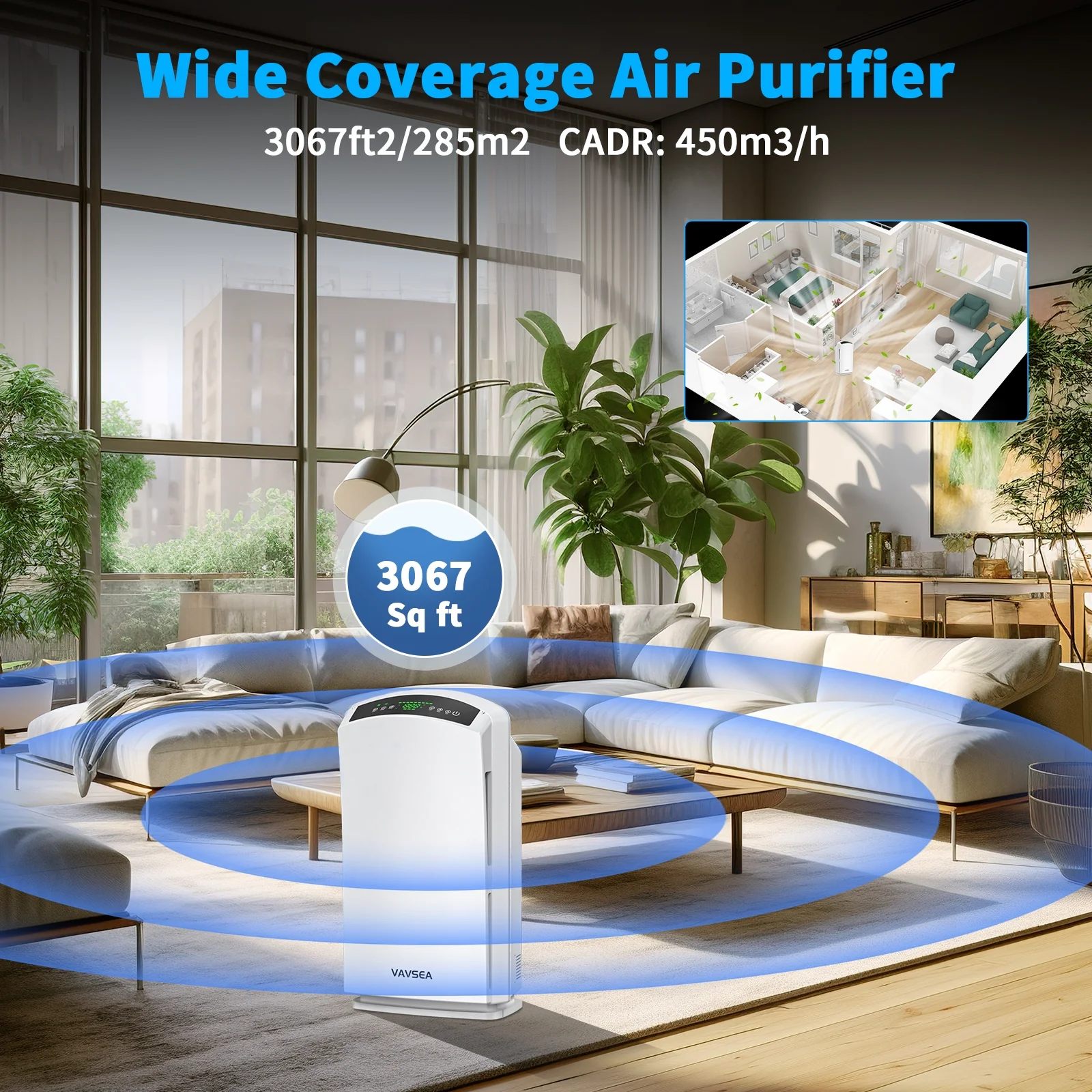 VAVSEA Air Purifier, HEPA Air Filter for Home Large Room up to 3067 Sq ft, Air Cleaner with Air Humidity Display for Pet Hair, Allergies, Smokers, Odors, Dust, Pollen, Odor Eliminators for Bedroom