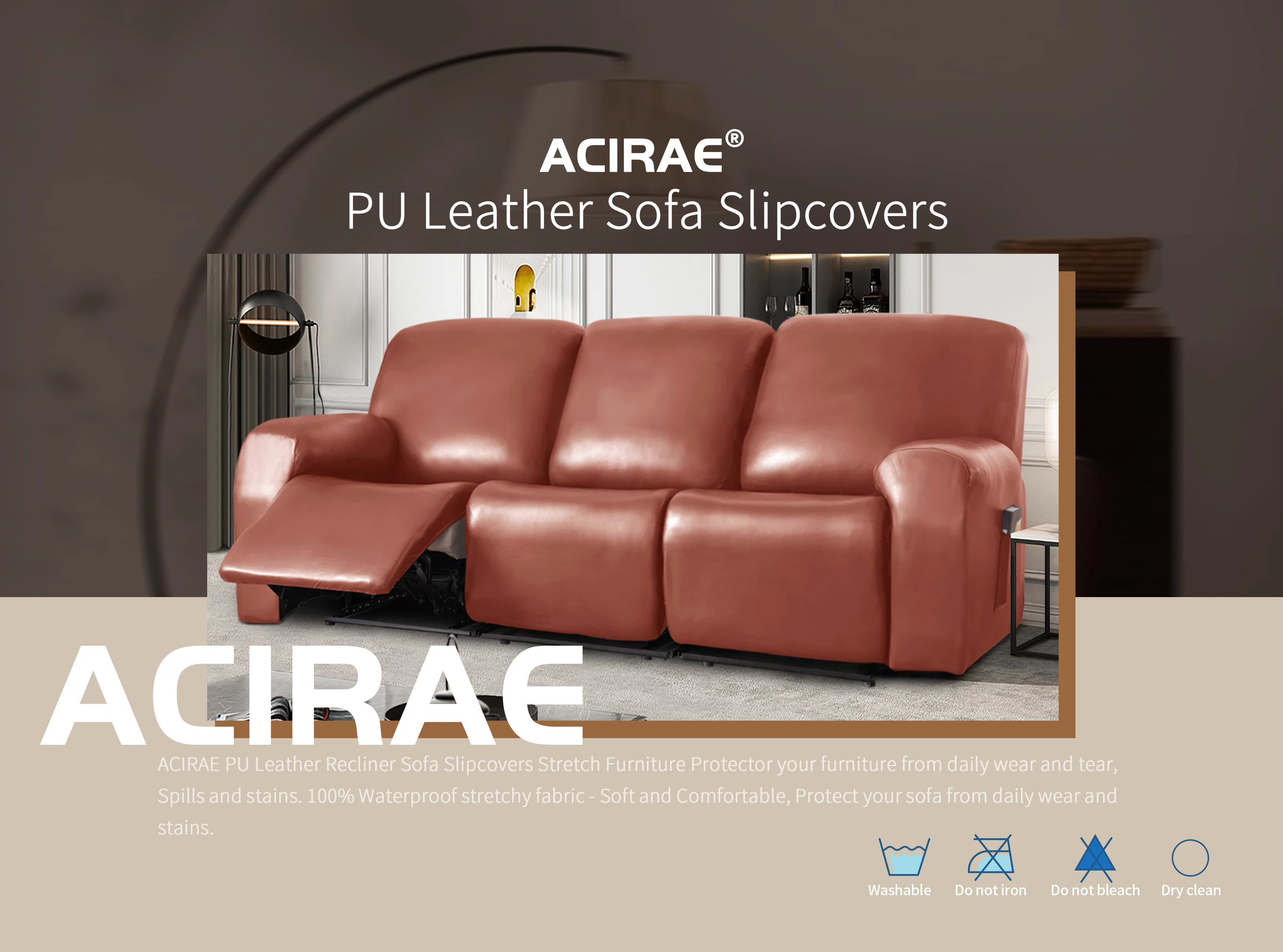 PU Leather Recliner Chair Cover 4-Pieces Waterproof Stretch Reclining Armchair Couch Slipcover Furniture Protector with Pockets, 1 Seater/Black