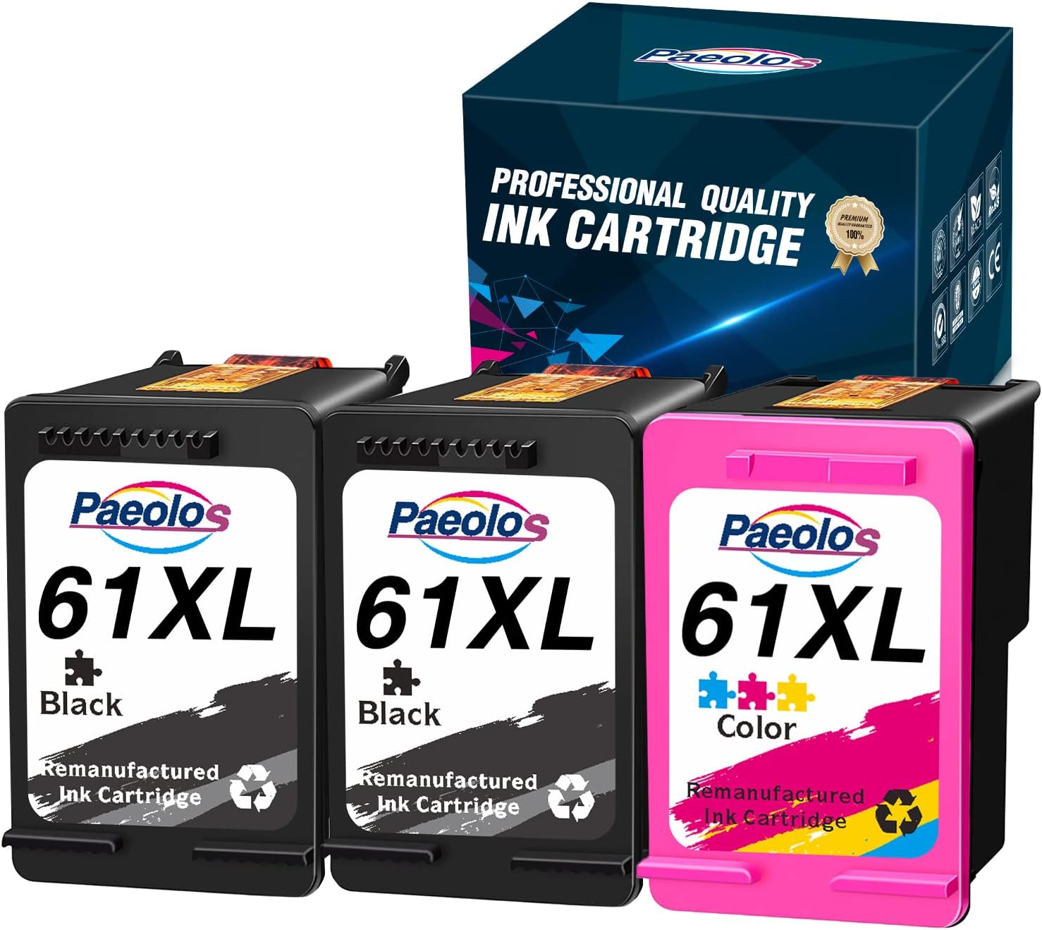 Remanufactured Ink Cartridges Replacements for HP 61 XL Work with Envy 4500 5530 OfficeJet 2620 4630 DeskJet 1000 1010 1050 1510 2050 2510 3000 3050 3510 Printer, 3 Packs by Paeolos Pack of 2