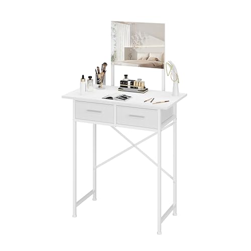 Small Vanity Desk with Mirror and Drawers, White Makeup Vanity Table with Storage, Compact Vanity for Bedroom, Modern Makeup Desk for Girls, Space-Saving Vanity Table