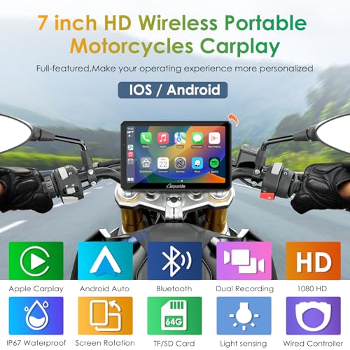 Carpuride W712D Motorcycle Carplay Screen with HD 1080 Dual Dash Cam, Wireless Car Play and Android Auto, 7