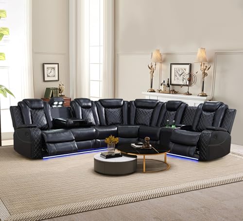 Power Recliner Sectional Sofa with LED Light, Breathing Leather Recliner Sofa Couch with USB Port/Cup Holder/Storage for Living Room (6 Seat Reclining Sectional Couch, Black)