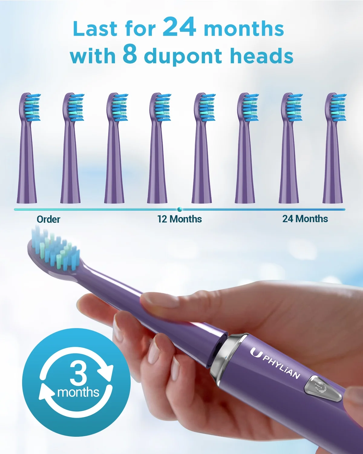PHYLIAN Sonic Electric Toothbrush for Adults-Rechargeable Electronic Toothbrushes with 8 Brush Heads, Battery Toothbrushes Electric Tooth Brush, 3 Hours Charge for 60 Days #Purple