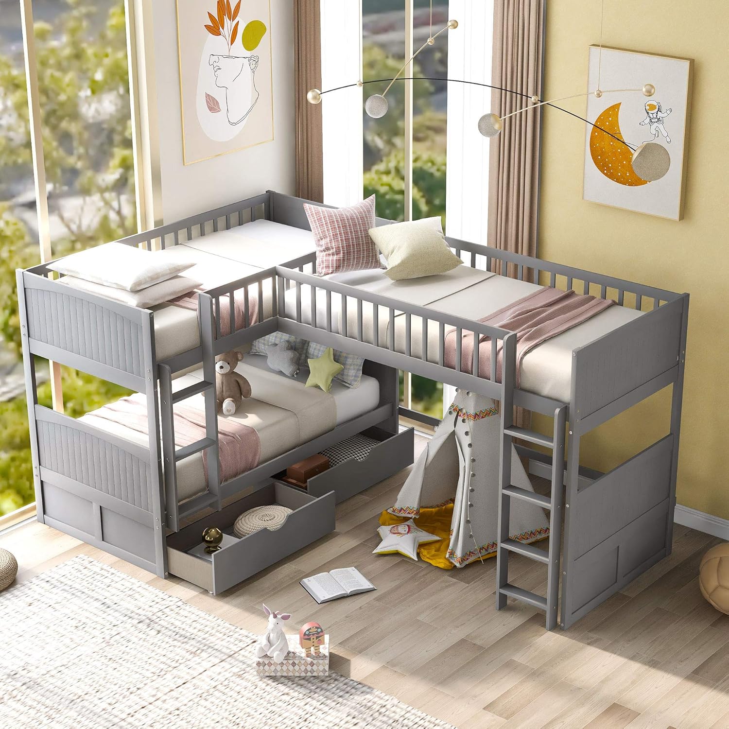 Twin over Twin L-Shaped Triple Bunk Beds with 2 Storage Drawers and 2 Ladders, Wooden Bunk Beds with a Loft Attached for 3 Kids Teens, Gray