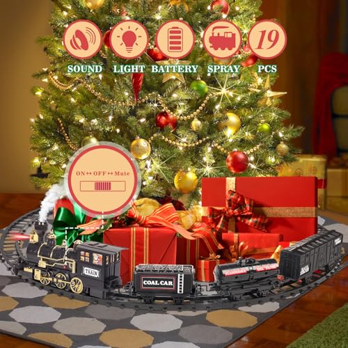 OleFun Train Set, Electric Black Train with Water Steam, Sounds & Lights, Model Christmas Train Set for Under The Tree, Railway Kit Gifts for 3, 4, 5, 6, 7, 8+ Year Old Boys & Girls