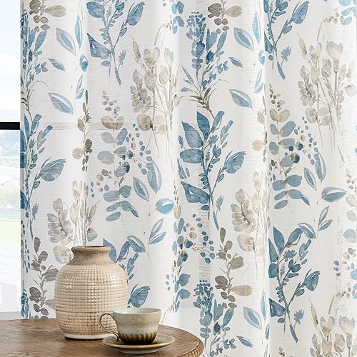 Taupe Curtains 63 Inch Length for Living Room Semi Sheer Curtains Light Filtering Farmhouse Curtains Vintage Floral Pattern Window Drapes for Bedroom Grommet 2 Panels Set