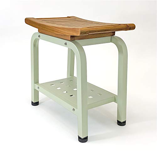 Ritz Shower Bench, Teak & Aluminum Shower/Bath/Spa/Patio Stool Bench, Chair/Side Table with Storage Shelf for Indoor/Outdoor, Adjustable TPR Foot Pads, B104/SGE (Light Sage)