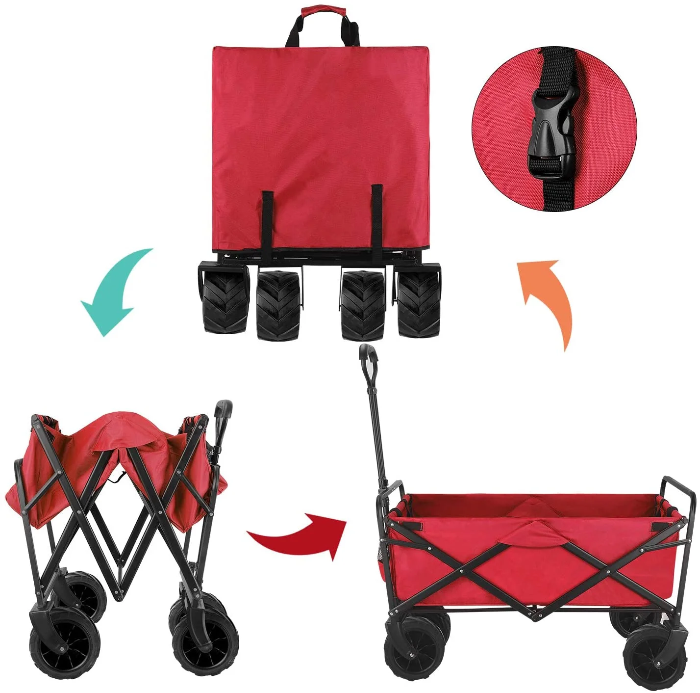 BAHOM Folding Collapsible Outdoor Utility Wagon Cart, Heavy Duty Garden Cart with All-Terrain Wheels and Carrying Bag ,Red
