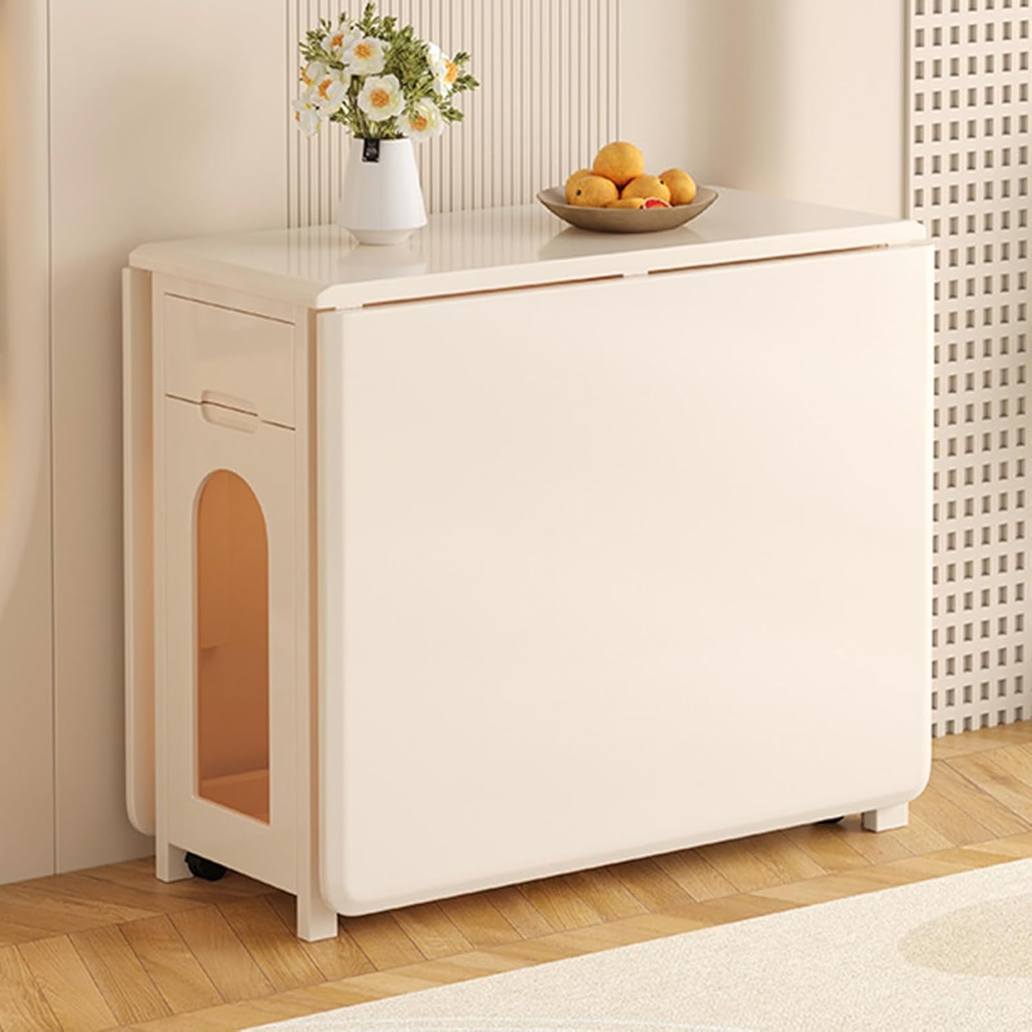 Folding Dining Table with Chairs Rack and 1 Storage Drawers, Movable Extendable Space Saving Table, 4 Universal Wheels, for Dining Room, Kitchen, Living Room