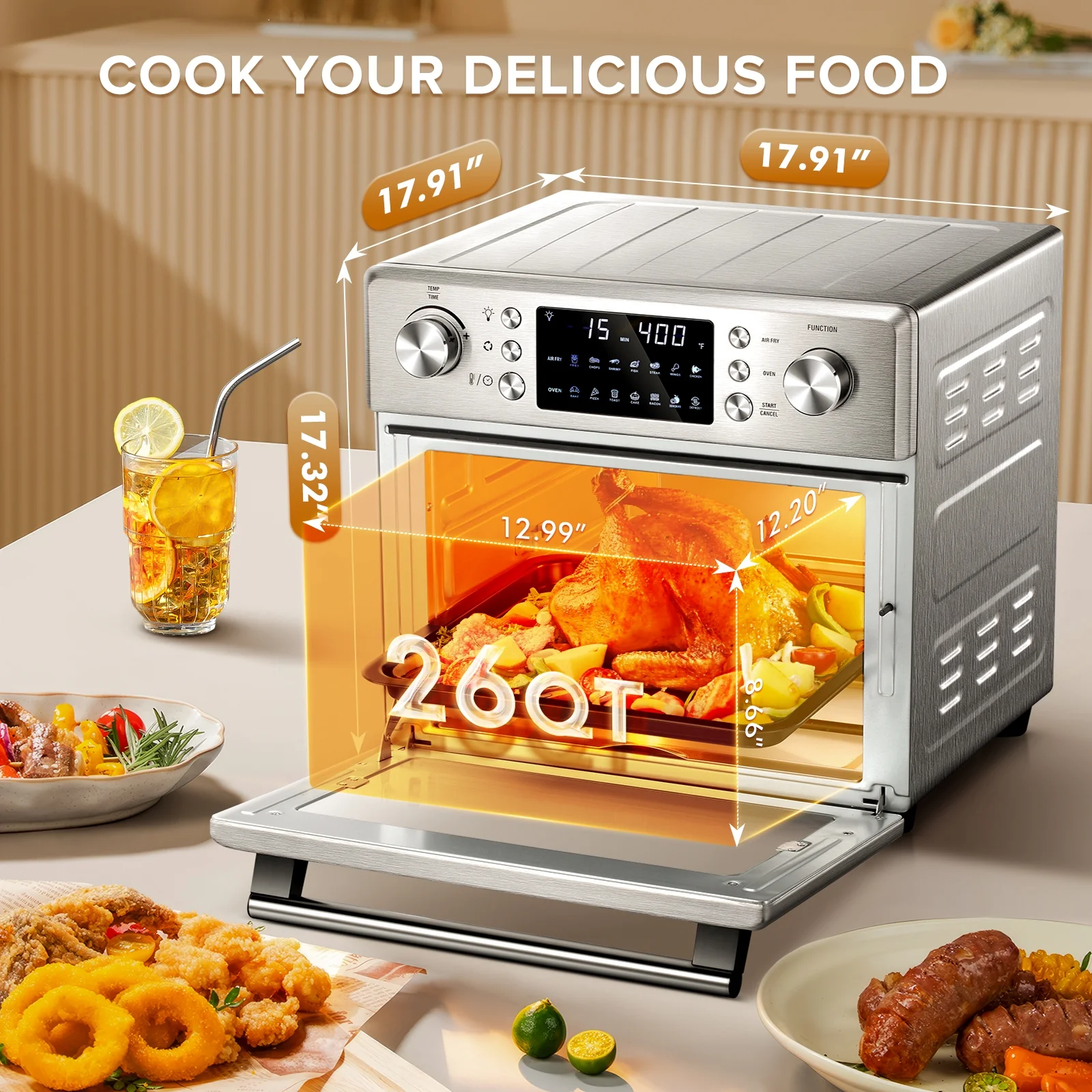 KISSAIR 26QT Multifunctional Stainless Steel Air Oven With Rotisserie Dehydrator, Healthy Cooking With Recipe, Built-in Timer, Thoughtful Light Button