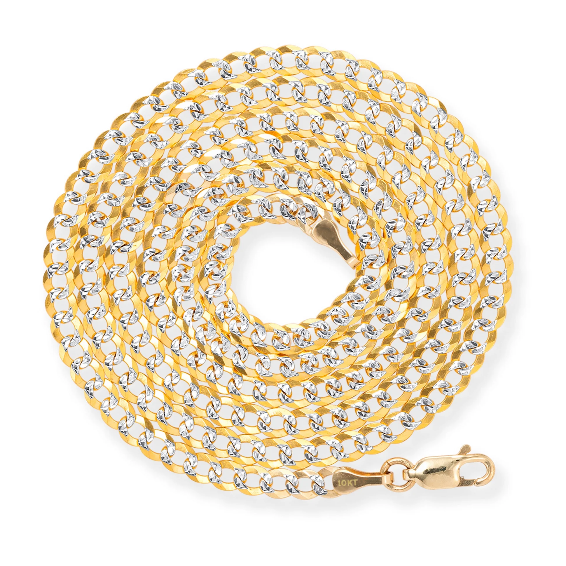 Nuragold 10k Yellow Gold Solid 4mm Cuban Chain Curb Link Diamond Cut Pave Two Tone Pendant Necklace, Mens Womens Jewelry 16