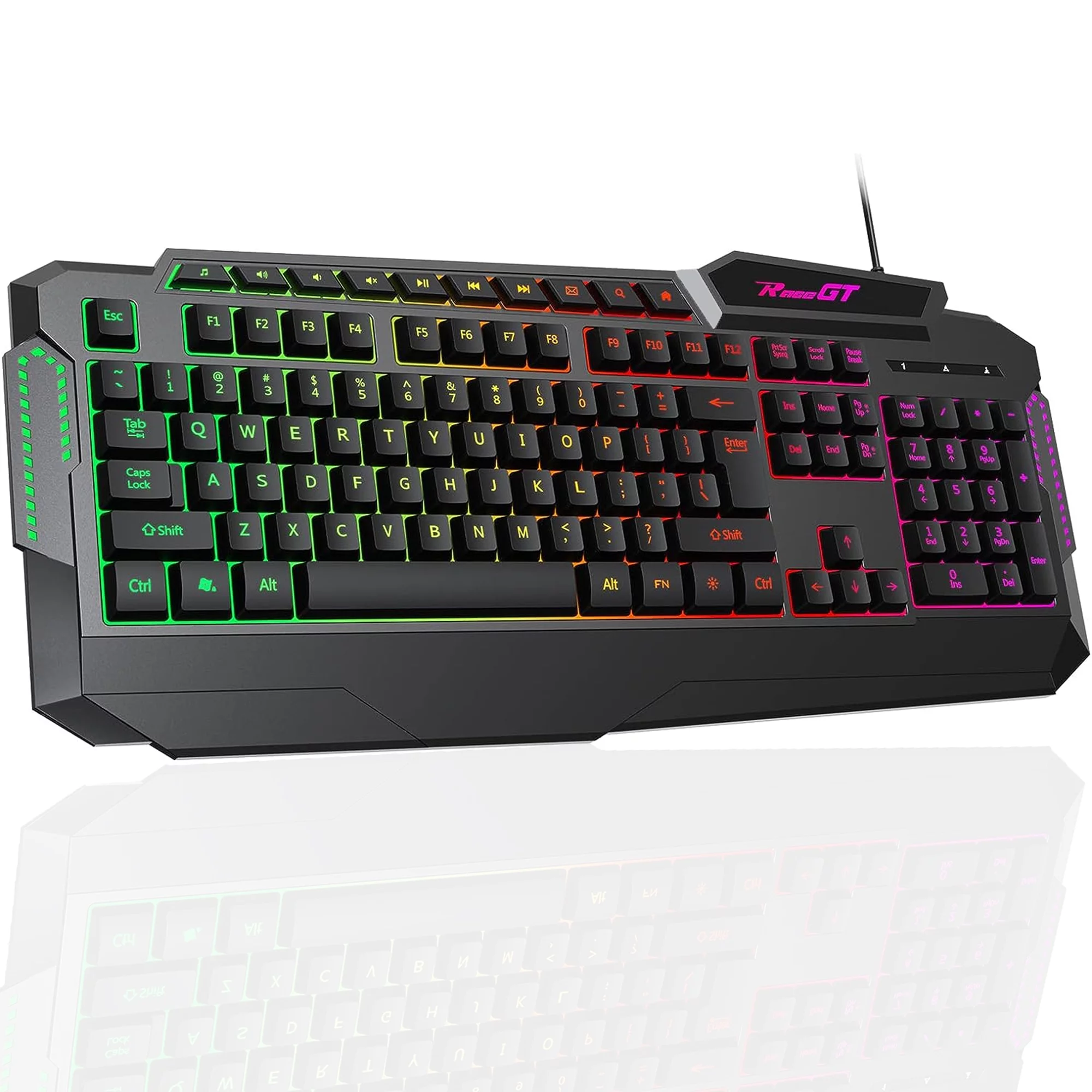 RaceGT Gaming Keyboard, 114 Keys Full Size Wired Rainbow LED Backlit Quiet Computer Keyboard with Dedicated Multimedia Keys, Wrist Rest Keyboard for Computer PC Gamers Desktop Laptop Xbox, Black