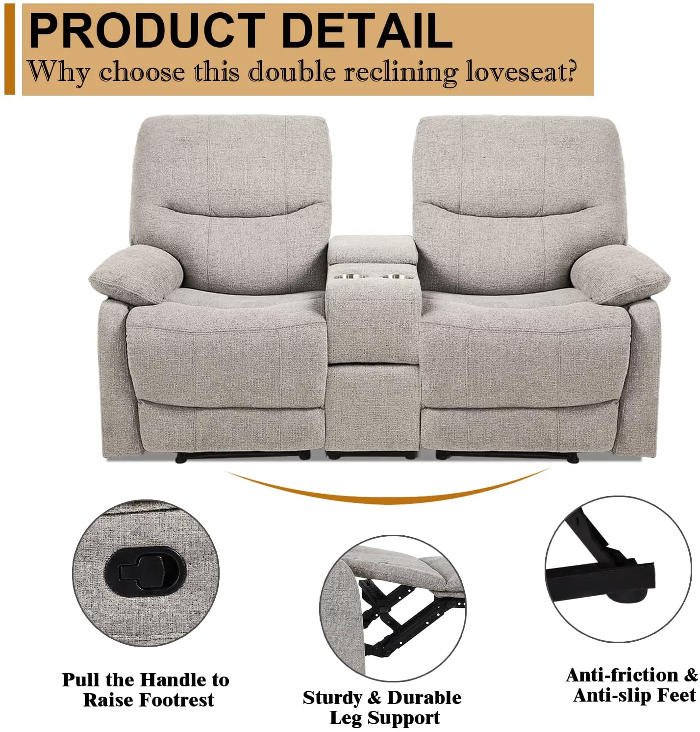 Double Reclining Loveseat - Fabric Home Theater Seating with Console - Glider Reclining Couch for Living Room, Office