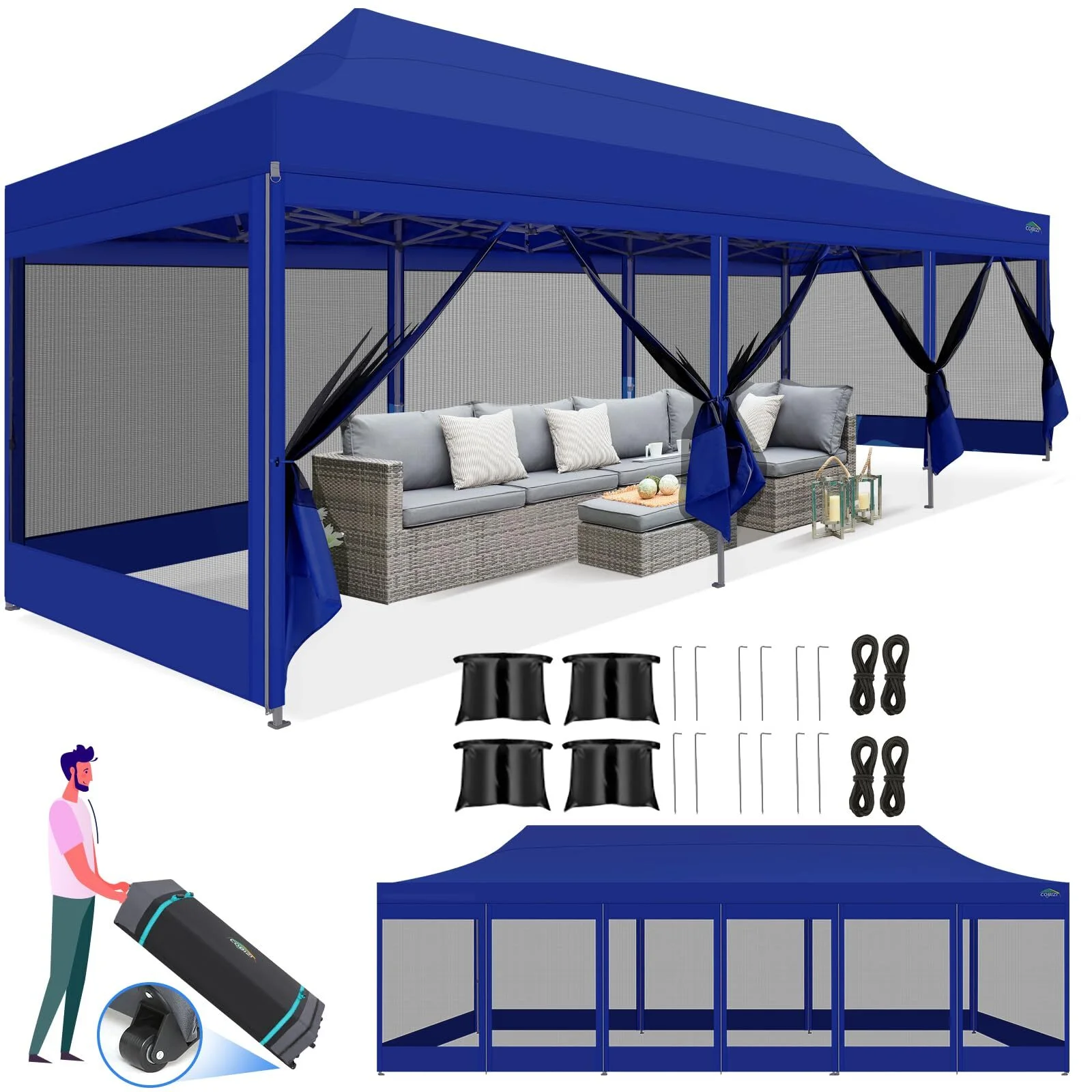 COBIZI 10x30 Canopy Heavy Duty Tent,Pop Up Canopy Gazebo with Netting Screened,Waterproof&Sunproof Ez up Canopy with Sidewalls,Outdoor Instant Party Tent for Backyard,Wedding,Birthday,BBQ,Dark Blue